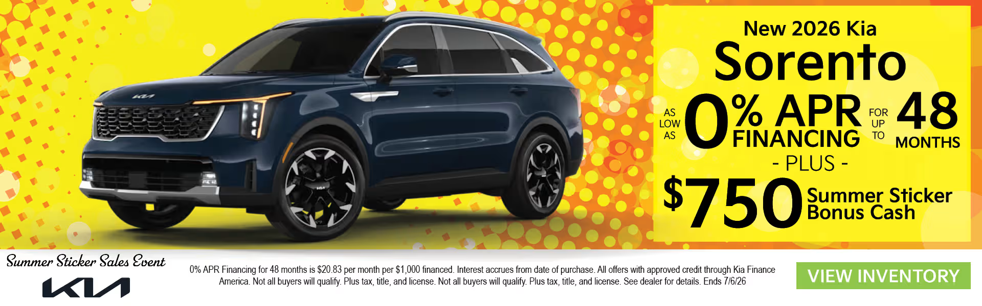 New 2026 Kia Sorento - As low as 0% APR Financing for up to 48 months plus $750 Sticker Bonus Cash